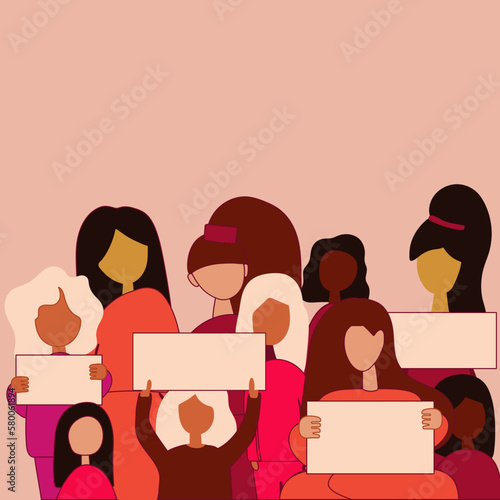 Women's Day banner with silhouettes of multi ethic women's faces in paper cut and copy space, 3D illustration. Females for feminism, independence, sisterhood, empowerment, activism for women rights