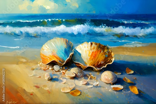 Seashells in oil painting