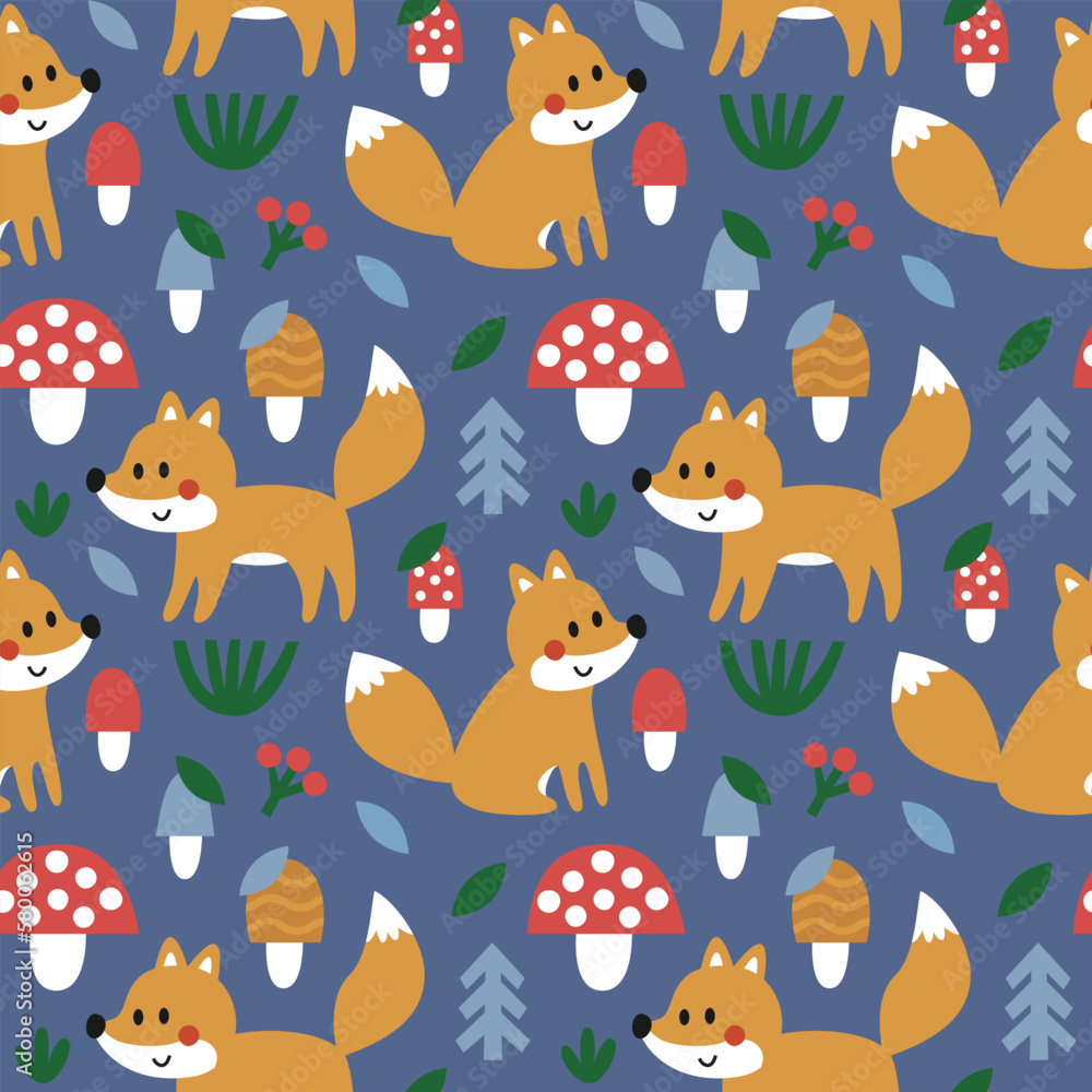 Seamless cute kids vector woodland pattern with forest animals, fox, mushrooms, plants, trees, leaves, bushes, Sinek Agaric in minimal flat modern style