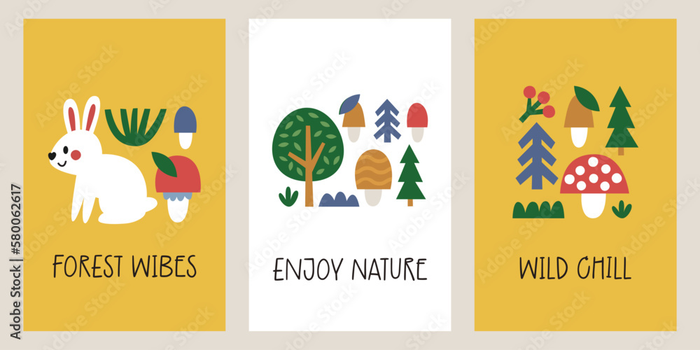 Cute vector woodland cards with forest animals, fox, hare, rabbit, mushrooms, plants, trees, leaves, bushes, berries, Sinek Agaric in minimal flat modern style