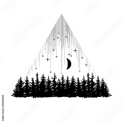 Vector illustration of fir forest moon and stars in a triangle. Drawing for a tattoo, graphic drawing.