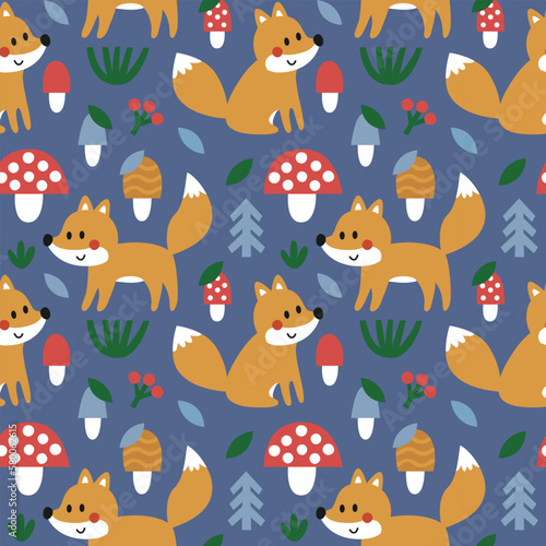 Seamless cute kids vector woodland pattern with forest animals  fox  mushrooms  plants  trees  leaves  bushes  Sinek Agaric in minimal flat modern style