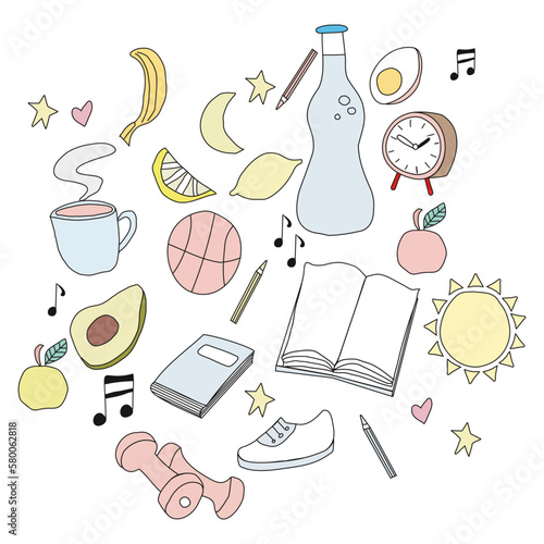 Icons for a healthy habits and productive lifestyle - sport, nutrition, education