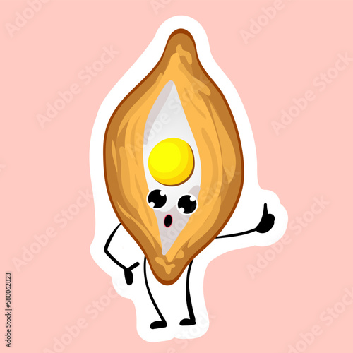 Khachapuri sticker. Bakery logo. Vector illustration of bakery and confectionery.Khachapuri cartoon character.