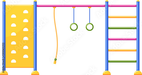 Horizontal bar with ladder, climbing wall, rope and gymnastic rings for children's sports games. Playground equipment for workout. Vector colorful flat illustration isolated on white background