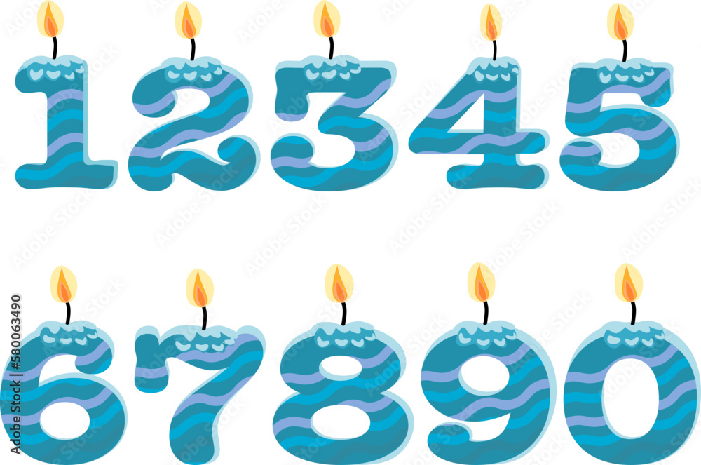 Blue wave Birthday candles in the form of numbers. Template set of