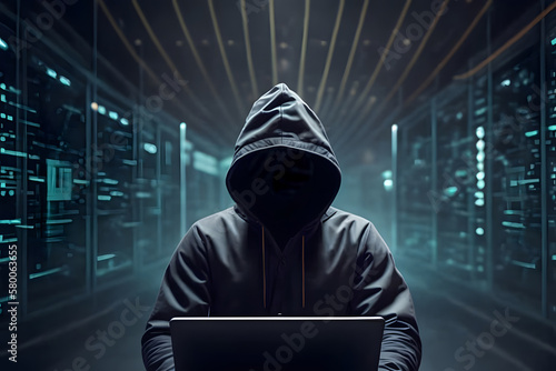 Hacker in hoodie breaking into data server dark theme. Generative AI photo