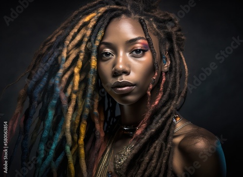 Portrait of a black woman with colorful dreadlocks. Generative AI. photo