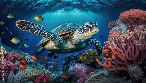 Ocean Oasis: An Underwater World of Colorful Coral Reefs, Schools of Fish, and Majestic Sea Turtle © midart