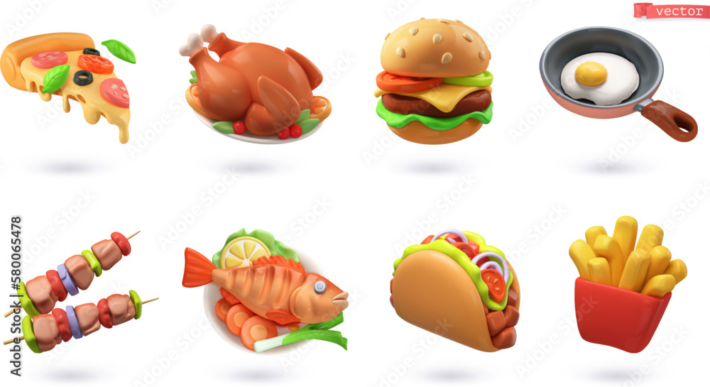 Fast food, street food 3d vector icon set - obrazy, fototapety, plakaty 