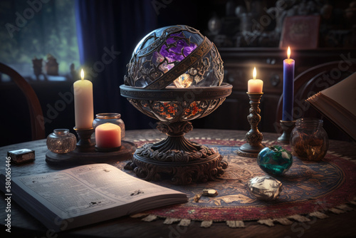 Crystal magic ball and burning candles on wooden table at night. Fortune telling and reading future. Astrology horoscope, esoteric and spiritual growth concept. Created with Generative AI