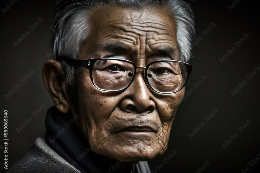Classic portrait of an Asian elderly man on dark background. Created with Generative AI