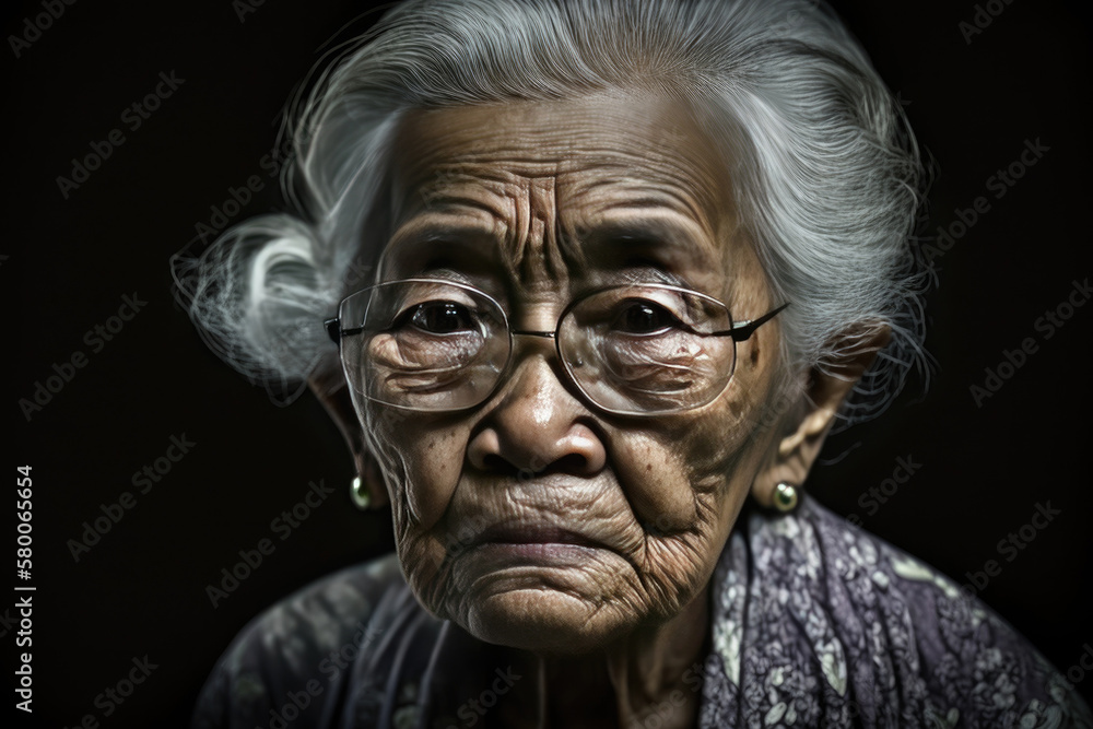 Classic portrait of an Asian elderly woman on dark background. Created with Generative AI