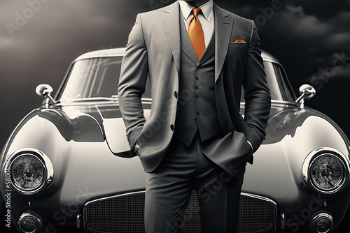 Unrecognizable businessman in suit stands next to luxury retro car. Concept of wealth and success. Created with Generative AI © Lazy_Bear