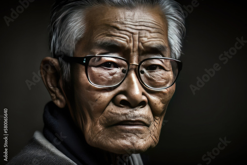 Classic portrait of an Asian elderly man on dark background. Created with Generative AI