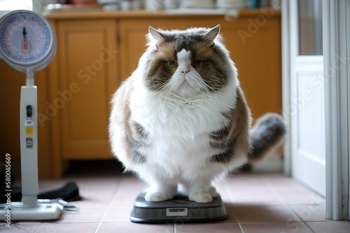 Very fat cat is weighed on the scales. Concept of overeating  obesity and diet. Funny pet. Created with Generative AI