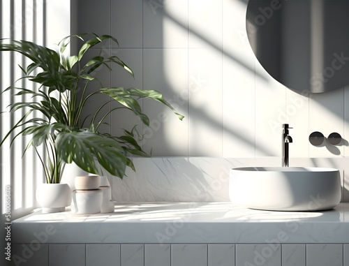 Photographie White vessel sink on countertop in modern bathroom with vanity mirror and green