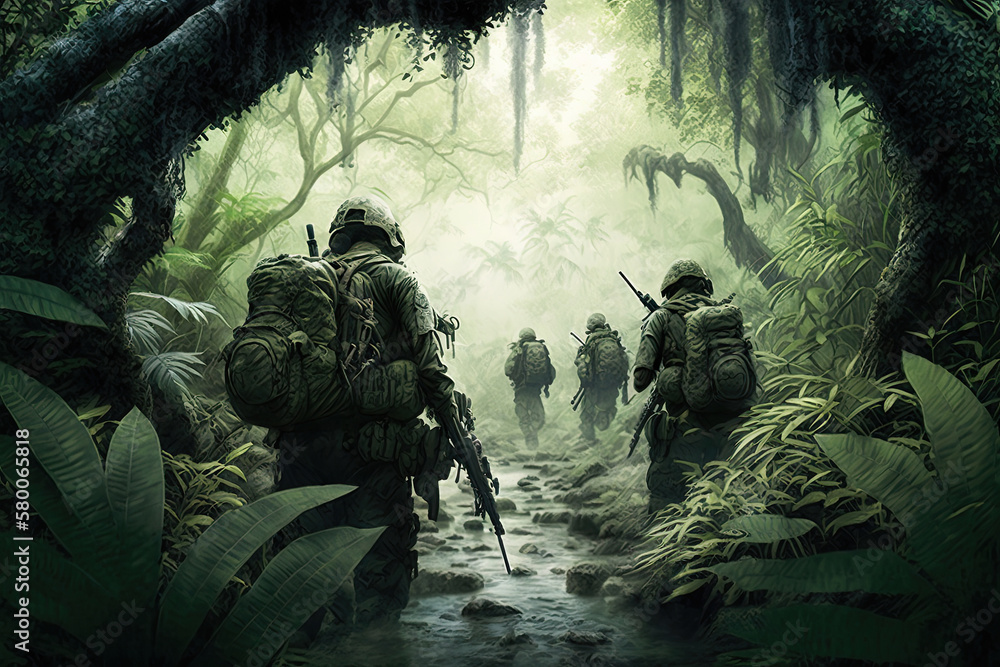 Equipped soldiers in camouflage with weapons in jungle. Armed Forces on special military mission. Conflicts and wars in the world. Created with Generative AI