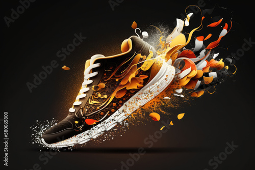Creative bright colorful sneakers on dark background. Sport footwear and fashion concept. Banner for design. Created with Generative AI