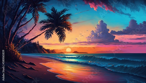Tropical Paradise: A Serene Beach at Sunset with Palm Trees, Clear Blue Water, and a Colorful Sky