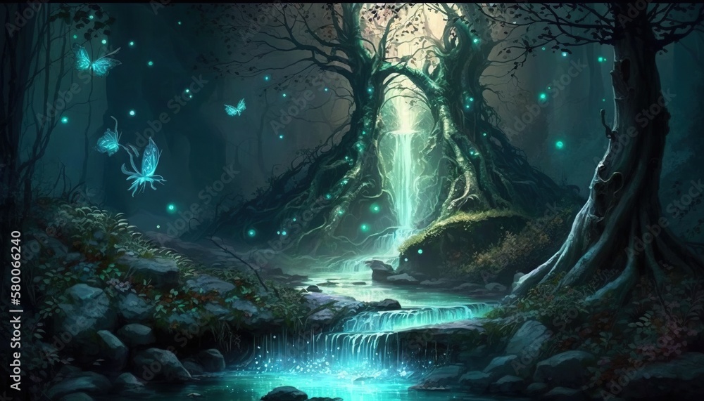 Enchanted Forest: A Magical Place with a Glowing Tree, Fairies, and a Hidden Waterfall