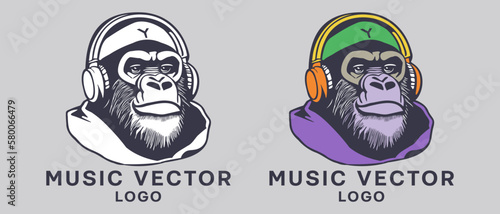 Vector logos. Portrait of a gorilla in headphones, listening to music. Monochrome and color stickers or icons.