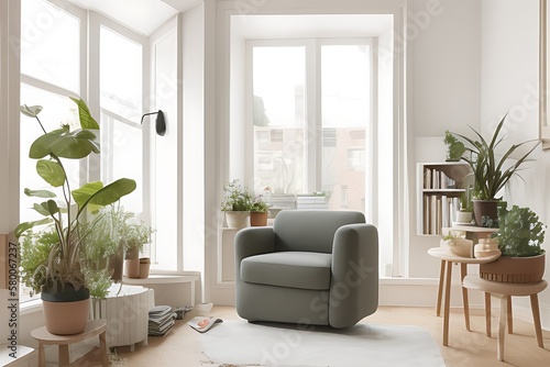 Stylish Armchair and Diffrent Potted Plants, Big Window, Minimalist Interior Design