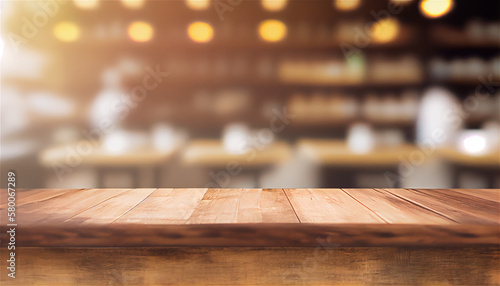 Empty Wooden top over defocused cafe interior, Generative AI