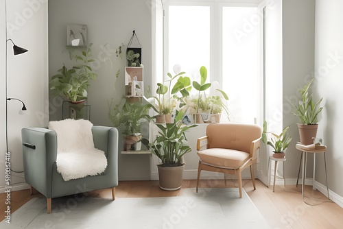 Stylish Armchair and Diffrent Potted Plants  Big Window  Minimalist Interior Design