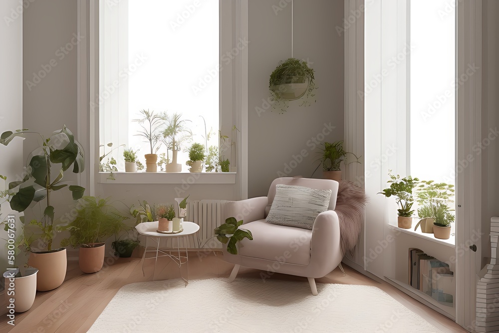 Stylish Armchair and Diffrent Potted Plants, Big Window, Minimalist Interior Design Stylish Armchair and Diffrent Potted Plants, Big Window, Minimalist Interior Design