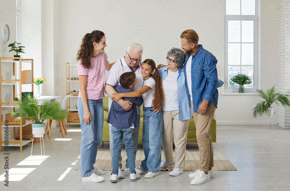 Multi generation gathering on vacation at home. Big friendly smiling family from youngest generation to oldest hugs and rejoices when meeting at home. Generation reunion concept. Multi generation gathering on vacation at home. Big friendly smiling family from youngest generation to oldest hugs and rejoices when meeting at home. Generation reunion concept.