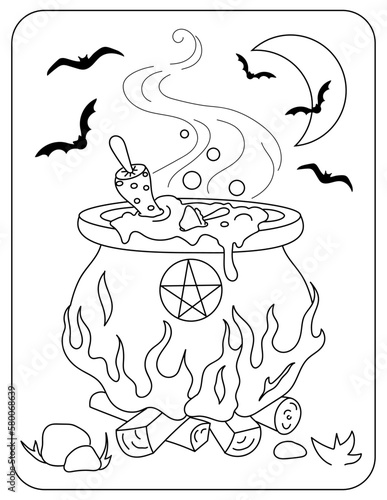 Halloween. Cauldron with potion. Toadstools in the cauldron. Moon and bats. Vector illustration.Coloring book.