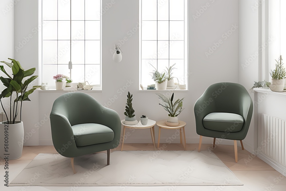 Stylish Armchair and Diffrent Potted Plants, Big Window, Minimalist Interior Design Stylish Armchair and Diffrent Potted Plants, Big Window, Minimalist Interior Design