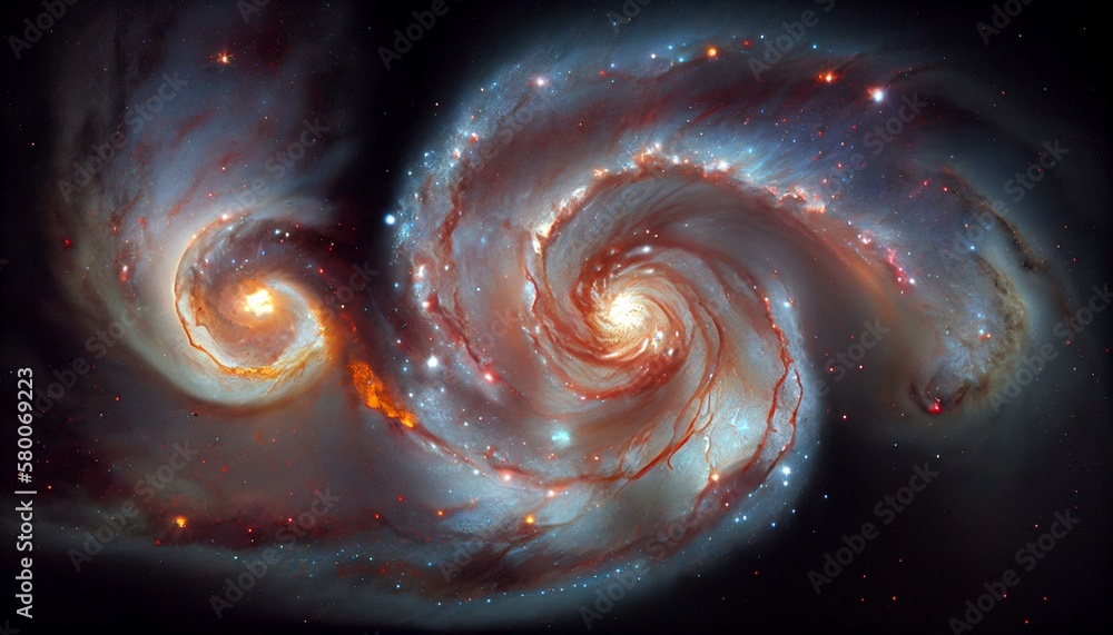 A breathtaking view of a galaxy collision, with swirling gas and dust visible as the two galaxies merge. Generative AI A breathtaking view of a galaxy collision, with swirling gas and dust visible as the two galaxies merge. Generative AI
