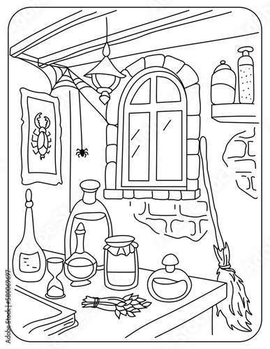 Halloween. In the witch's room: broom, potion jars, cobwebs. Black and white vector illustration. Coloring.