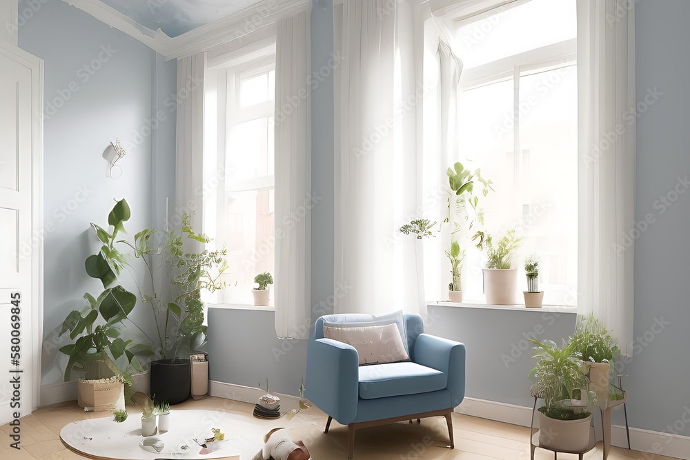 Stylish Armchair and Diffrent Potted Plants, Big Window, Minimalist Interior Design Stylish Armchair and Diffrent Potted Plants, Big Window, Minimalist Interior Design
