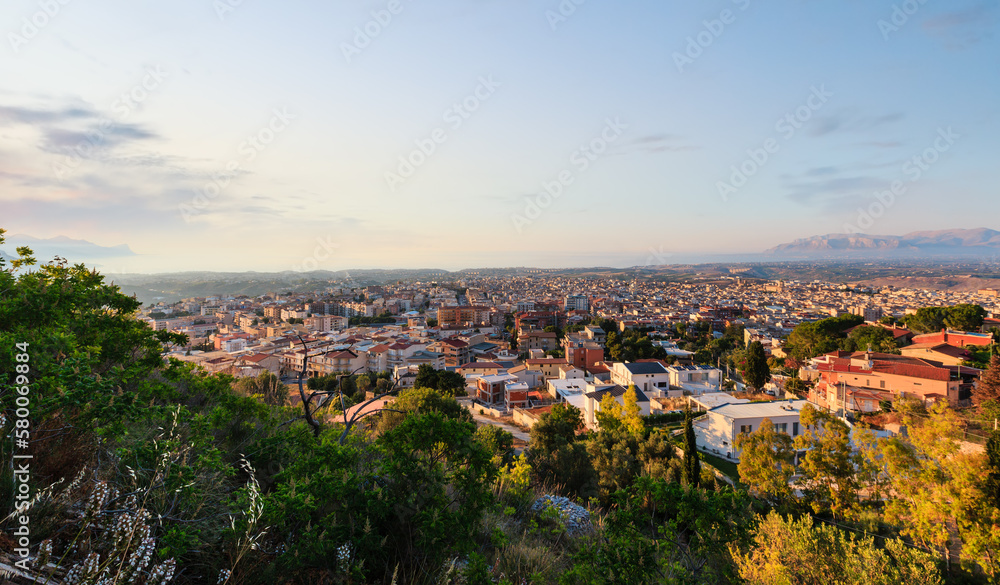 Evening view to Tyrrenian sea bay and Alcamo town from view point above (Trapani region, Sicily, Italy).