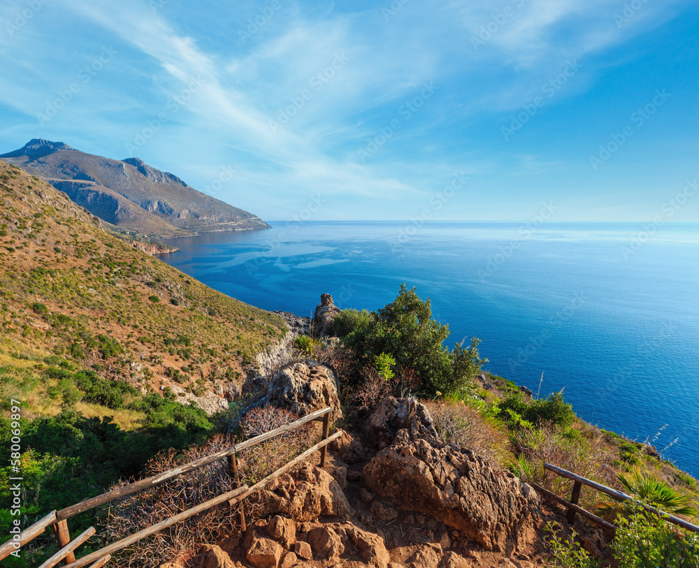 Paradise sunrise sea landscape from coastline trail of Zingaro Nature Reserve Park, between San Vito lo Capo and Scopello, Trapani province, Sicily, Italy Paradise sunrise sea landscape from coastline trail of Zingaro Nature Reserve Park, between San Vito lo Capo and Scopello, Trapani province, Sicily, Italy