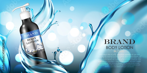vector illustration realistic black color 3D body lotion bottle ad design.with water splash,use for cosmetic advertising template.