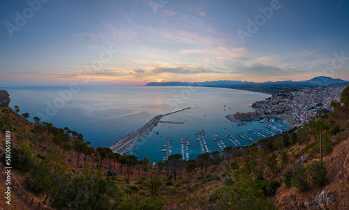 Early morning view to Tyrrenian sea bay, Castellammare del Golfo and Alcamo town and pier from Localita Belvedere Castellammare del Golfo (Trapani region, Sicily, Italy).