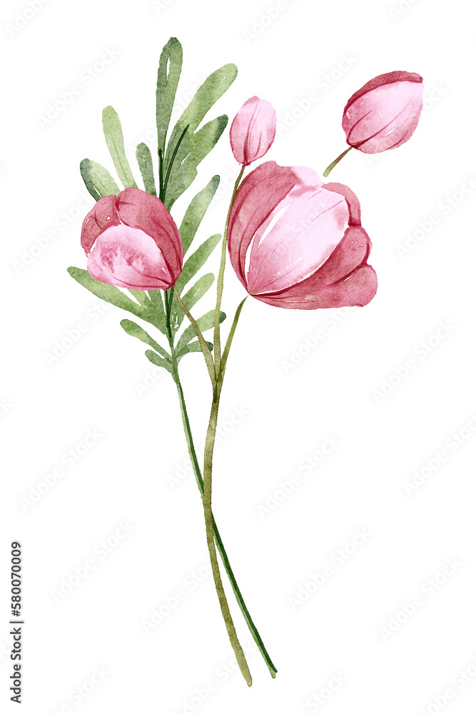 Flower bouquet, watercolor painting wildflowers. Digital illustration.