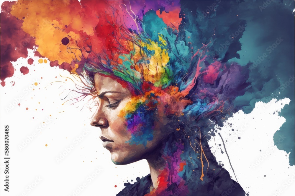 Explosion of colors out of an artist in concept of creative and art inspiration. Element of blending mixed watercolor technique. Finest generative AI. - obrazy, fototapety, plakaty 