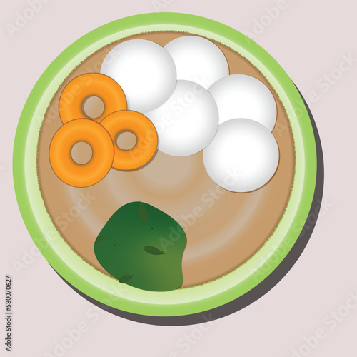 Group of South Indian main breakfast items, roast Dosa/Uttapam, idli, Vada and Coriander chutney. tamil food vector illustration. 