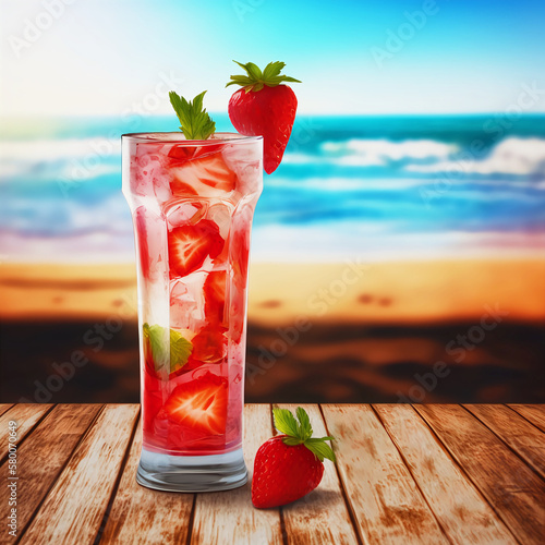 A transparent cocktail with ice and strawberry pieces in a tall glass goblet standing on wooden boards against the background of the beach and the sea.AI generated.