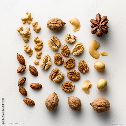 A variety of nuts of different colors and shapes arranged on a bright background, perfect for food, cooking, and healthy lifestyle designs