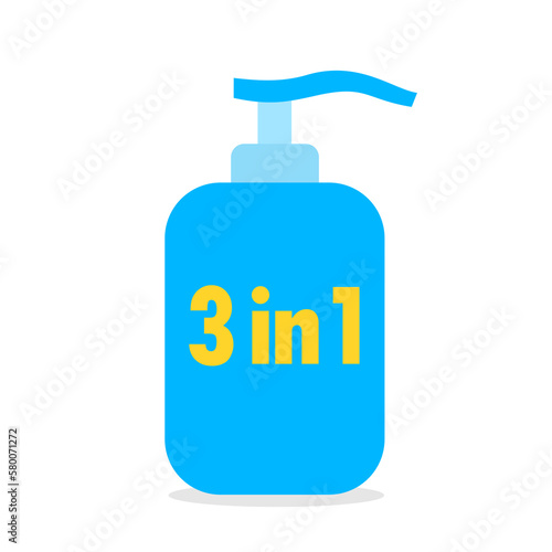 3 in 1 and shampoo, conditioner and body wash cleansing gel - bottle with combined 3-in-1 cosmetics and cosmetic products. Vector illustration isolated on white.