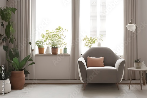 Stylish Armchair and Diffrent Potted Plants, Big Window, Minimalist Interior Design