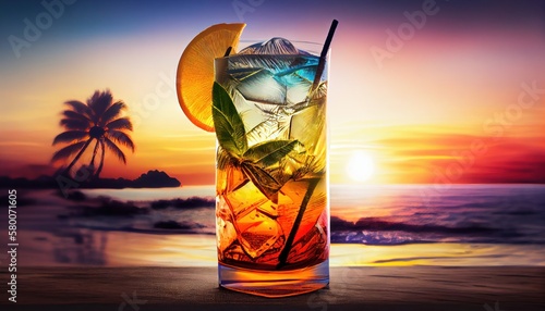 Cocktail on Tropical beach. Summer sandy beach with ice drinks. Evening sunset on the foreground. Copyspace for text. ai generative