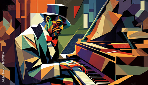 Afro-American male jazz musician pianist playing a piano in an abstract cubist style painting for a poster or flyer, computer Generative AI stock illustration image
