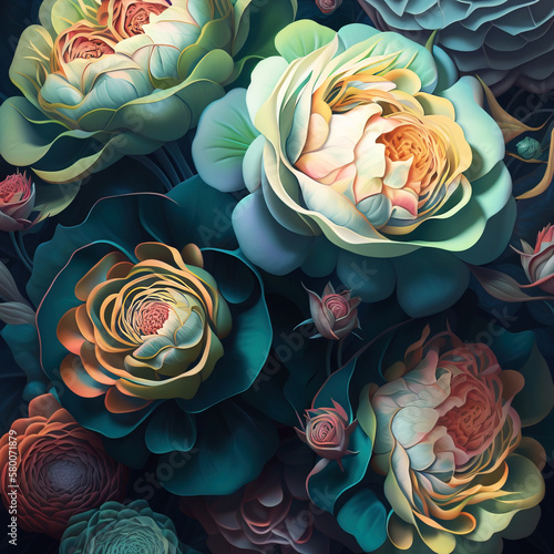 Abstract Background with Colorful Rose Flowers .AI generated Illustration.